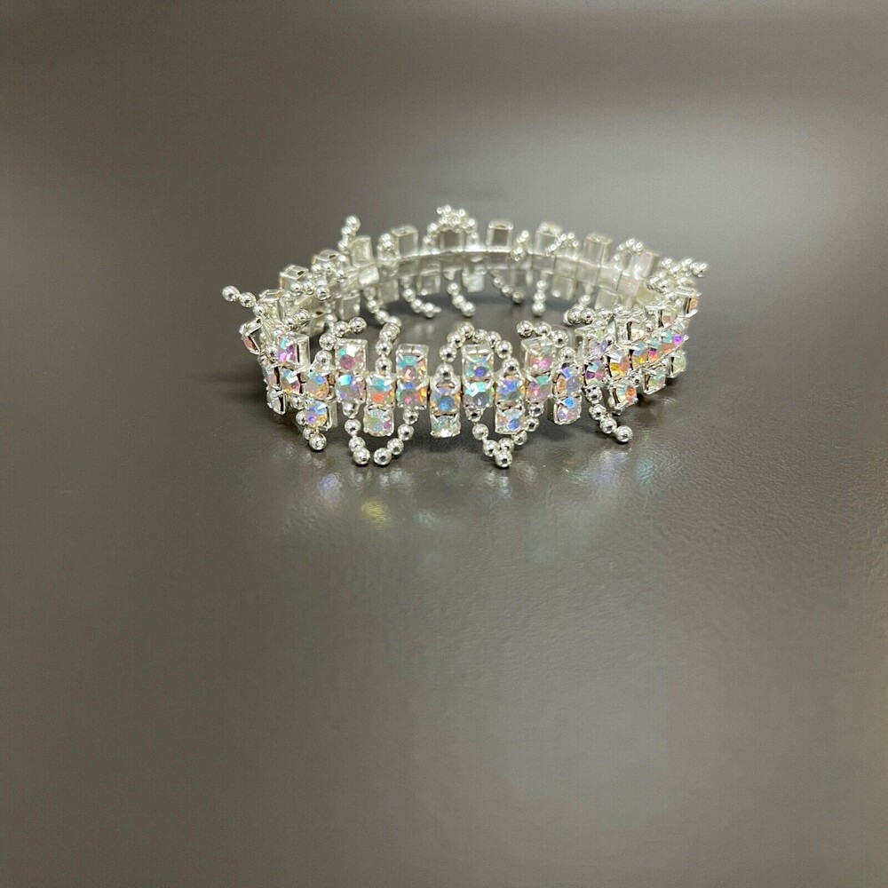Silver-tone Beads Iridescent Rhinestones Women's Fashion Stretch Bracelet NWOT